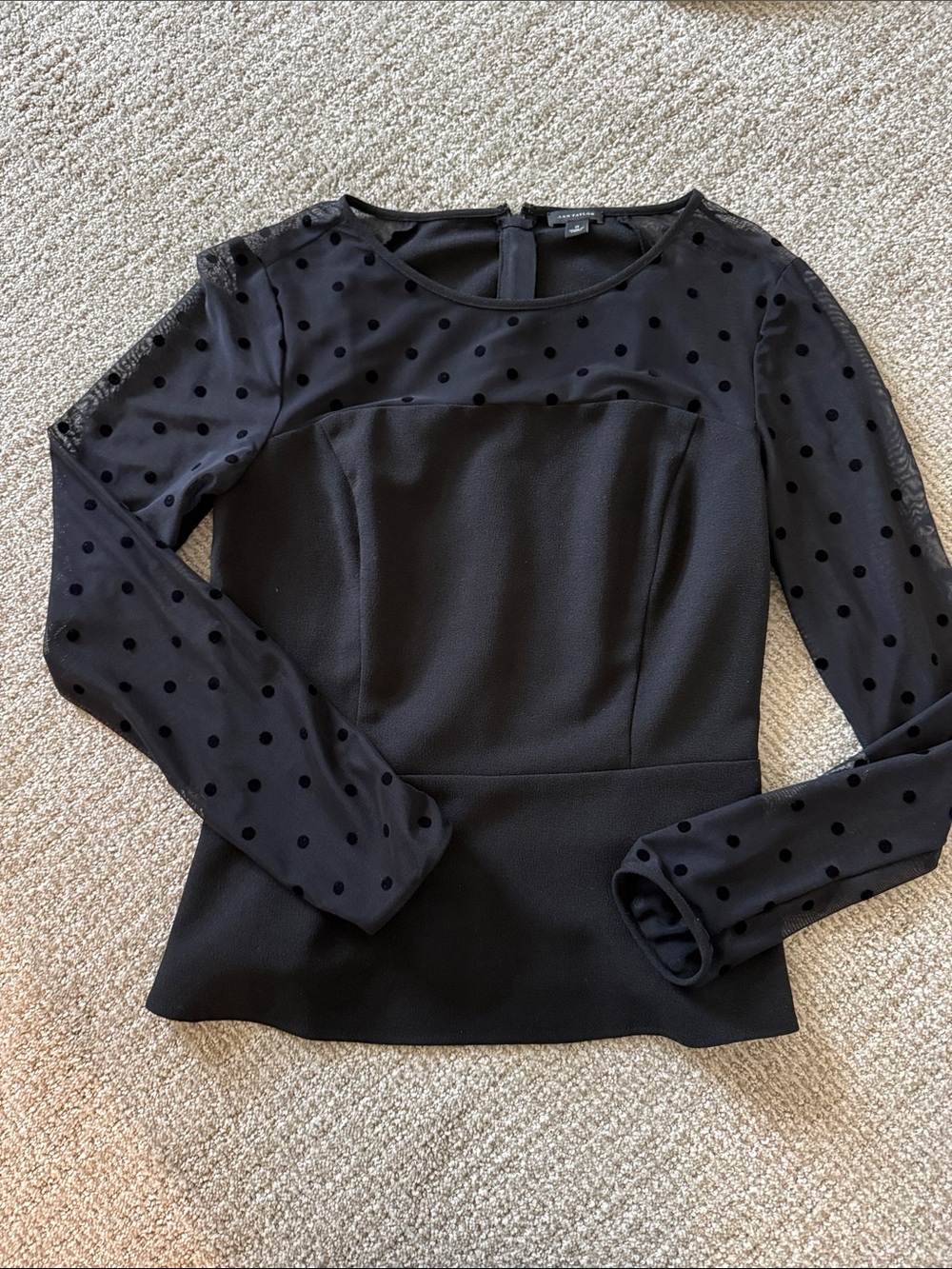 Black Polka Dot Mesh Sleeve Peplum Top